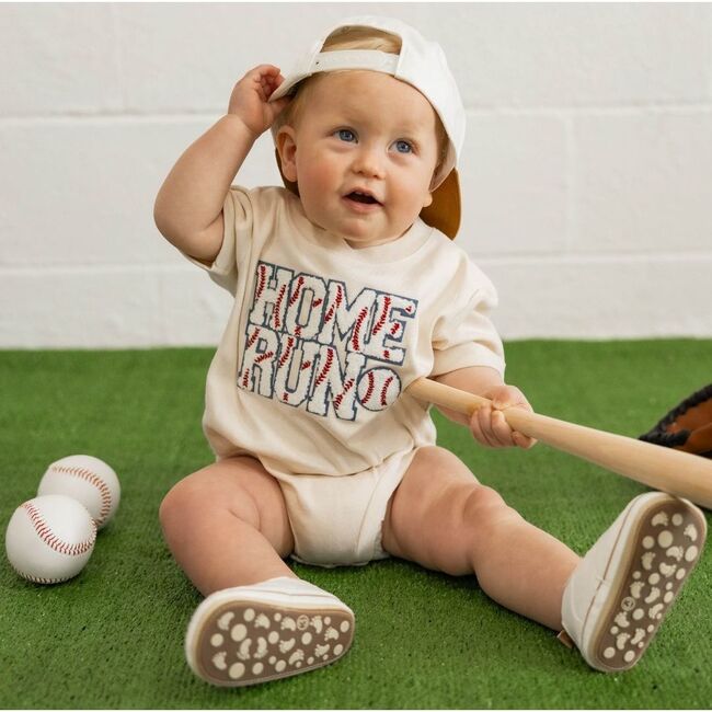 Home Run Patch Short Sleeve Romper, Natural - Rompers - 2