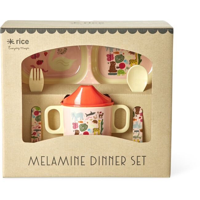 Melamine Baby Dinner Set in Gift Box - Wildlife Print - Pink - 4 pcs