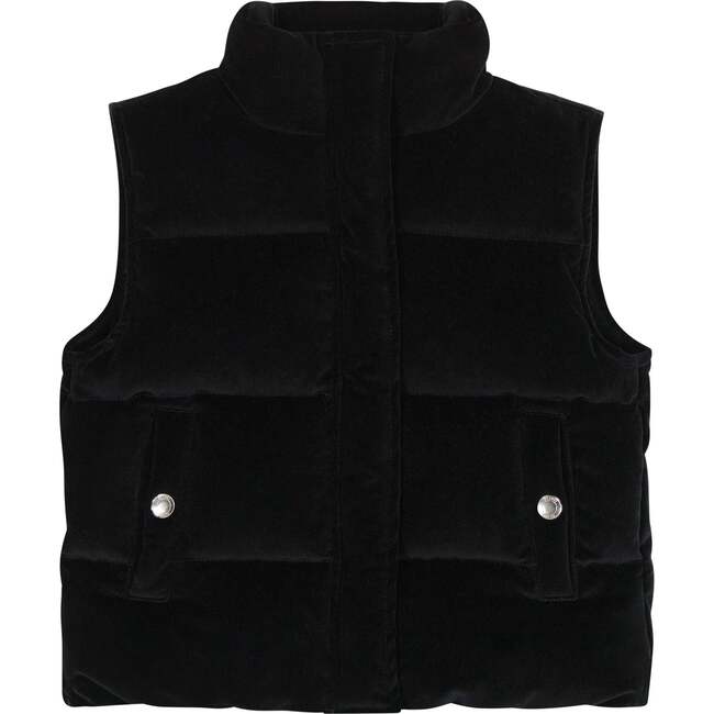 Puffer Velvet Sleeveless Front Button Pocket Vest, Black