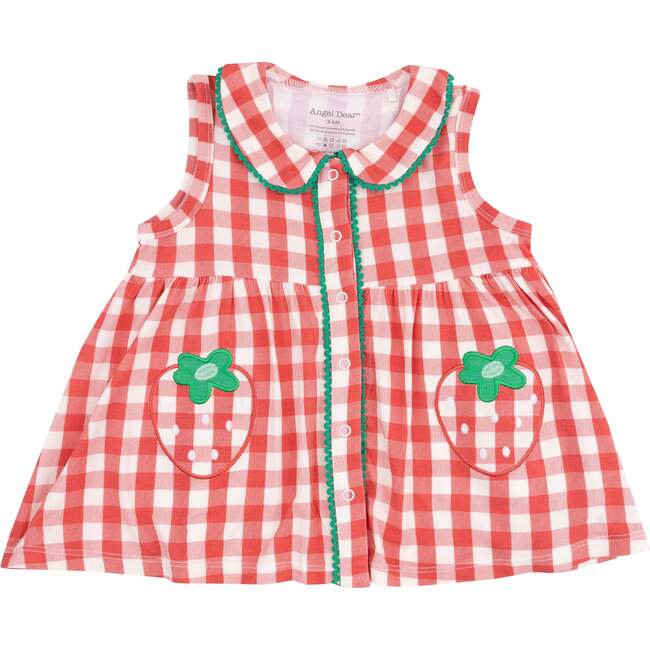 The Jill, Peter Pan Button Front Dress with Ric Rac Trim , Strawberry Gingham