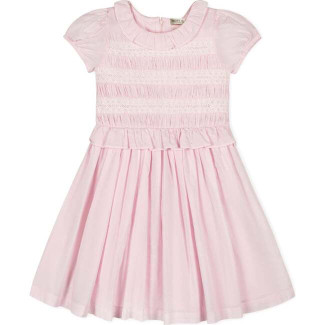 Organic Puff Sleeve Smocked Party Dress with Ruffle Collar, Pale Pink