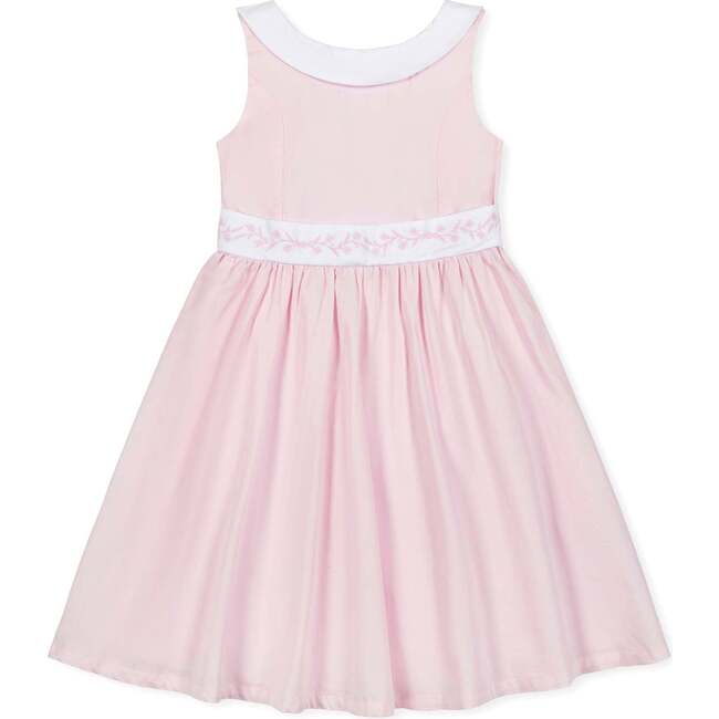 Organic Round Collar Sateen Party Dress with Embroidered Sash, Pale Pink