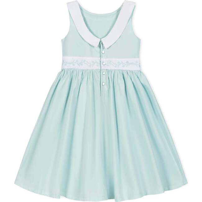 Organic Round Collar Sateen Party Dress with Embroidered Sash, Pale Green - Dresses - 2