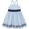 Organic Sleeveless Special Occasion Sundress with Bow Back Detail and Embroidery, Blue Seersucker - Dresses - 1 - thumbnail