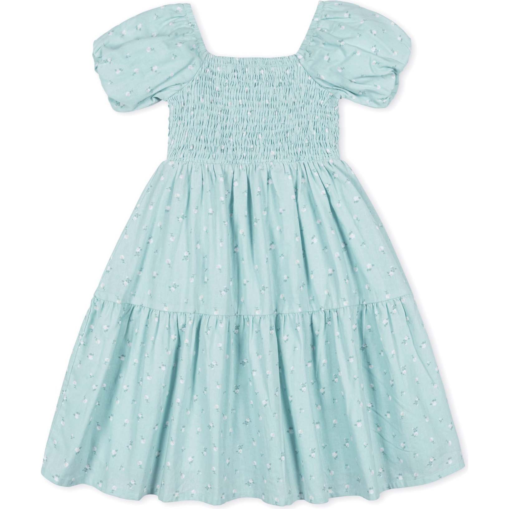 Linen Smocked Short Bubble Sleeve Dress, Tea Room Floral - Dresses - 1