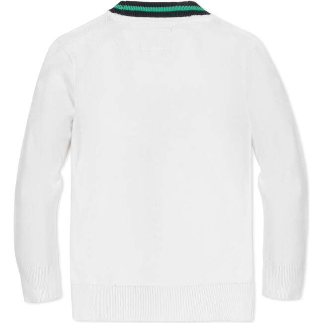 Organic Long Sleeve Tipped Cardigan Sweater, White with Navy and Green - Sweaters - 2