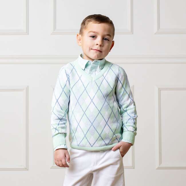Organic Long Sleeve Fine Gauge V-Neck Sweater, Coastal Cottage Argyle - Sweaters - 3