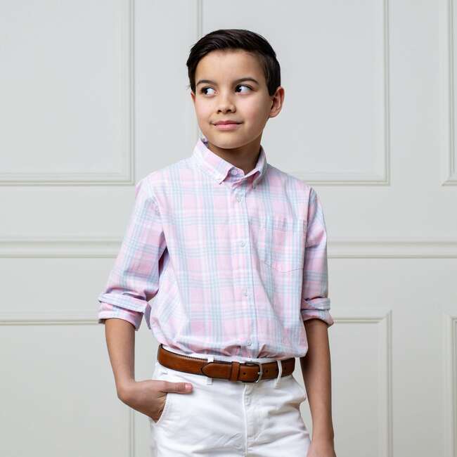 Organic Stretch Poplin Long Sleeve Button Down Shirt, Pink Petal Plaid - Button Downs - 4