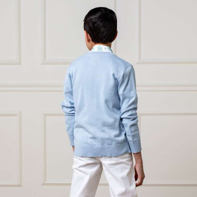 Organic Long Sleeve Tipped Cardigan Sweater, Classic Blue - Sweaters - 5