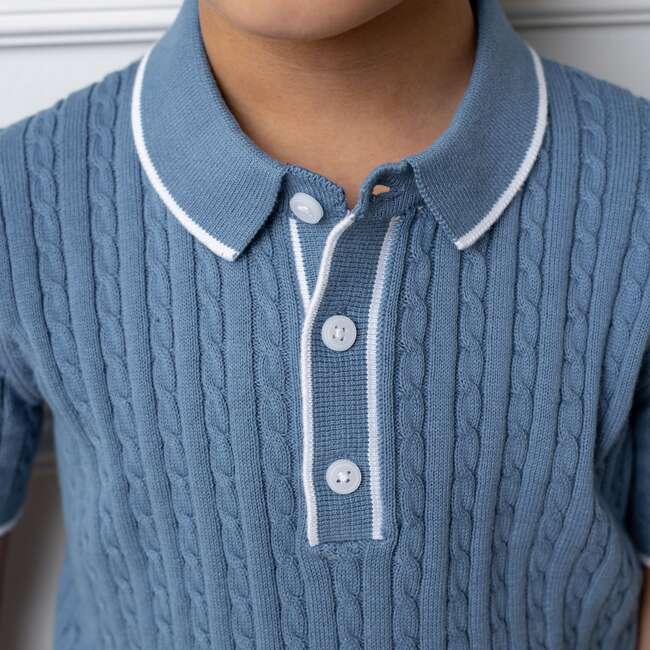 Organic Short Sleeve Sweater Polo with Tipping, Denim Blue - Sweaters - 5