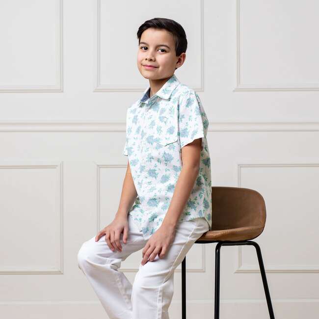 Linen Short Sleeve Button Down Shirt, Coastal Cottage Floral - Button Downs - 3