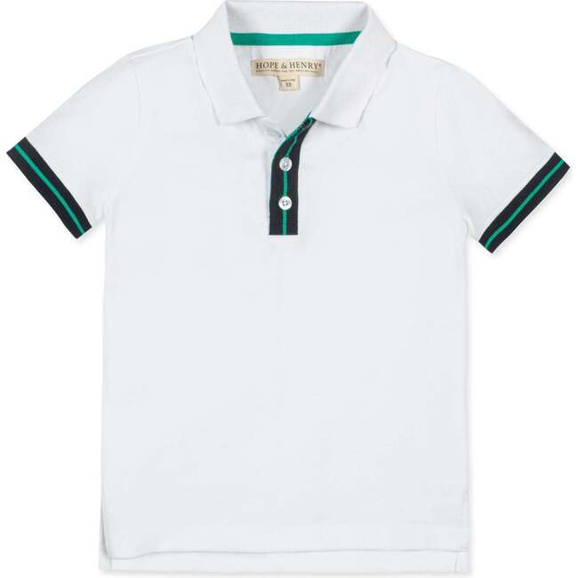 Organic Short Sleeve Knit Pique Polo Shirt, White with Navy and Green