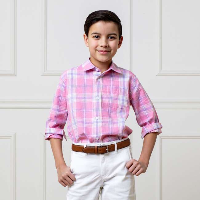 Linen Long Sleeve Button Down Shirt, Tea Room Pink Plaid - Button Downs - 3