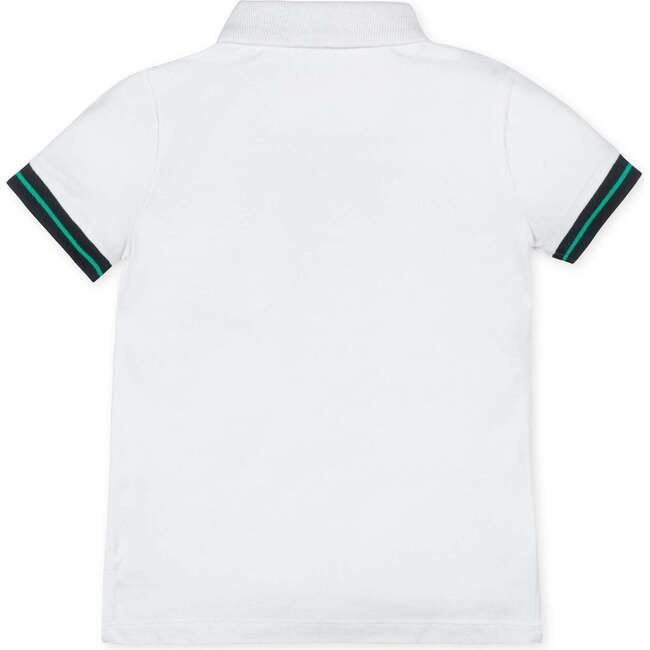 Organic Short Sleeve Knit Pique Polo Shirt, White with Navy and Green