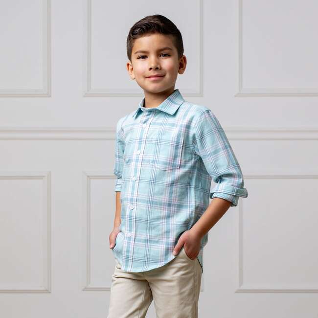 Linen Long Sleeve Button Down Shirt, Tea Room Blue Plaid - Button Downs - 3