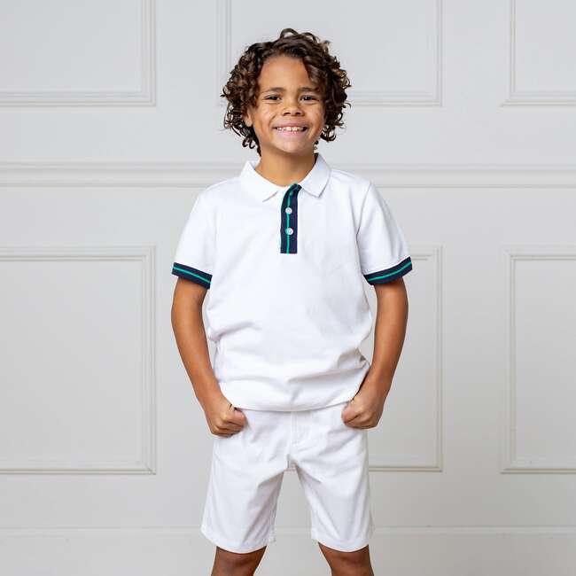 Organic Short Sleeve Knit Pique Polo Shirt, White with Navy and Green - Polo Shirts - 3