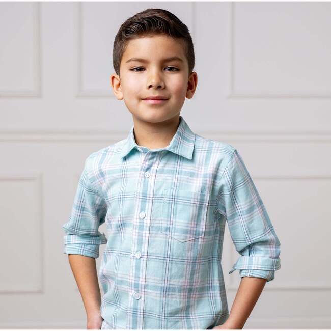 Linen Long Sleeve Button Down Shirt, Tea Room Blue Plaid - Button Downs - 4