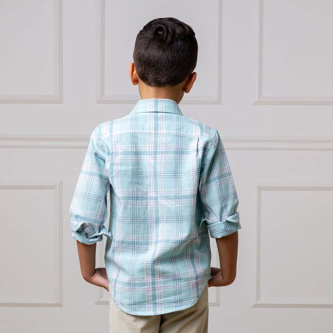 Linen Long Sleeve Button Down Shirt, Tea Room Blue Plaid - Button Downs - 5