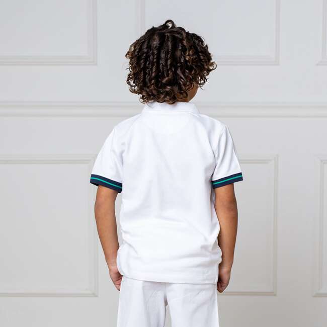 Organic Short Sleeve Knit Pique Polo Shirt, White with Navy and Green - Polo Shirts - 5