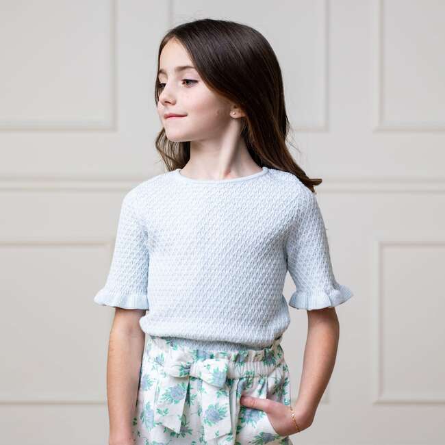 Organic Short Sleeve Ruffle Edge Sweater Knit Top, Light Blue Heather Diamond - Sweaters - 3