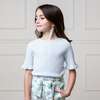 Organic Short Sleeve Ruffle Edge Sweater Knit Top, Light Blue Heather Diamond - Sweaters - 3