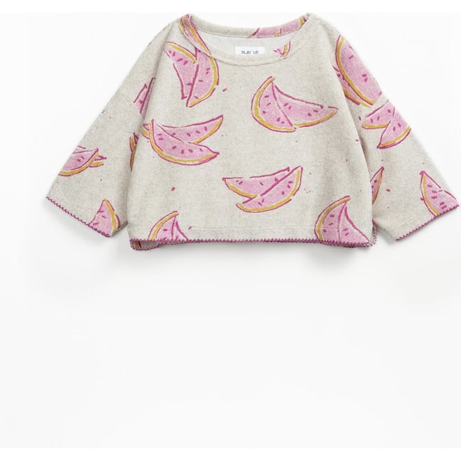 Short Sleeve Watermelon Print Terry Sweater, Beige