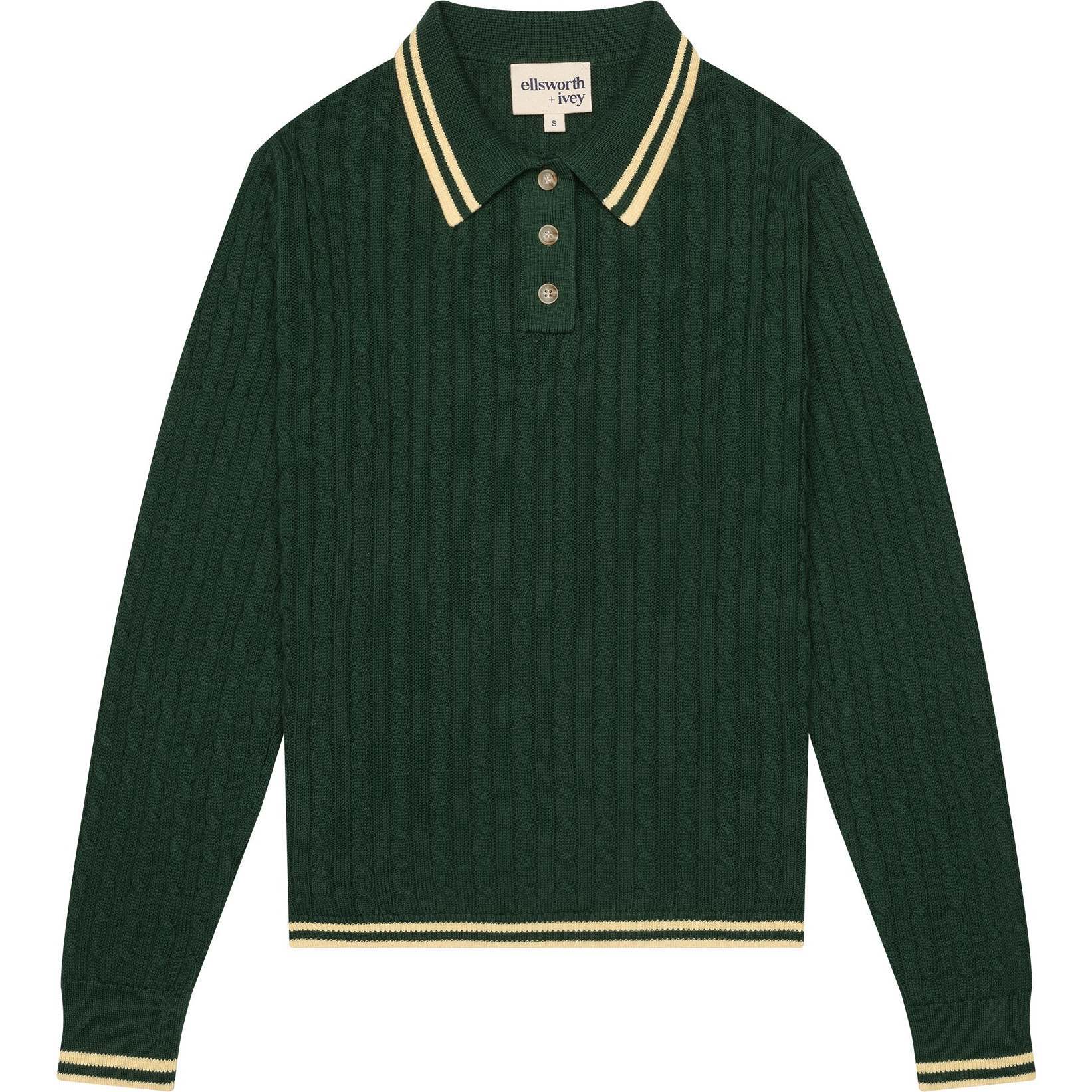 Grace Knit Long Sleeve Polo Cableknit, Green - Sweaters - 1