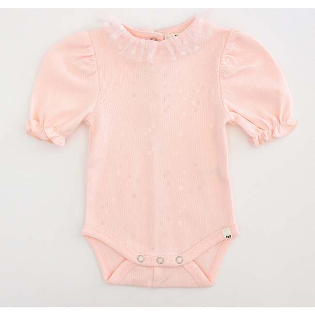 Pointelle Dotted Mesh Collar Snap Back Puff Onesie, Pale Pink