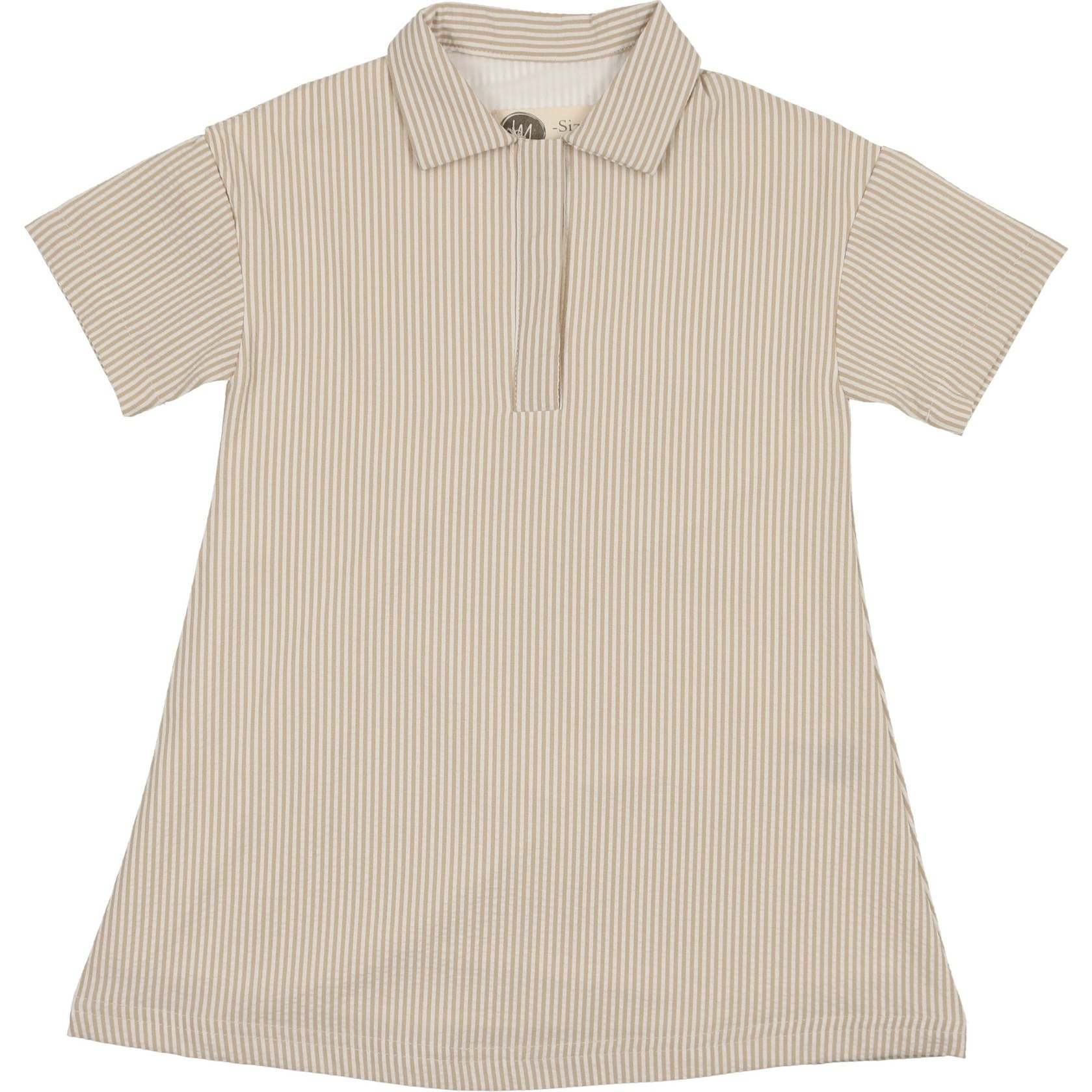 Seersucker Short Sleeve Dress, Tan - Dresses - 1