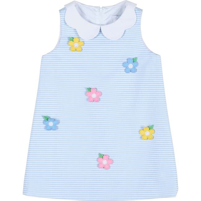 Stripe Birdseye Pique Dress with Petal Collar and Flowers