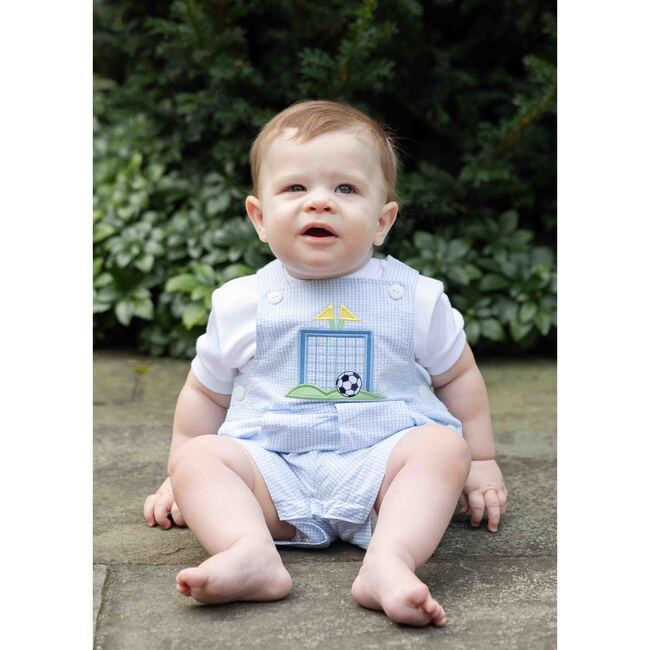 Check Seersucker Shortall With Soccer Goal - Rompers - 2