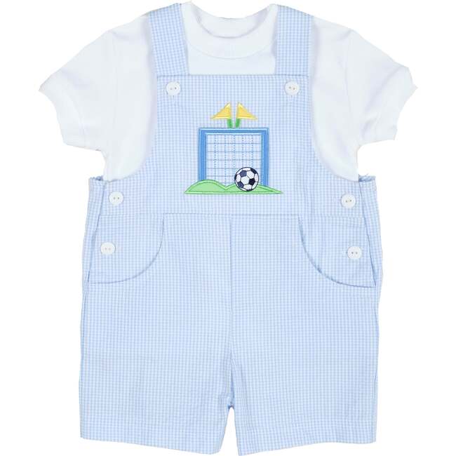 Check Seersucker Shortall With Soccer Goal - Rompers - 3