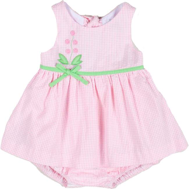 Check Seersucker Skirted Romper W/Flowers