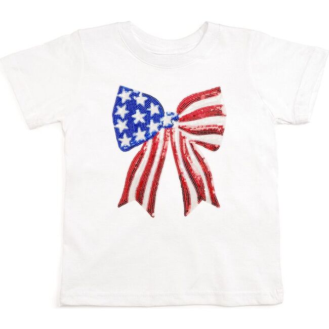 Patriotic Sequin Bow Patch Short Sleeve T-Shirt, White