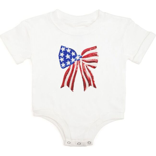 Patriotic Sequin Bow Patch Short Sleeve Romper, White