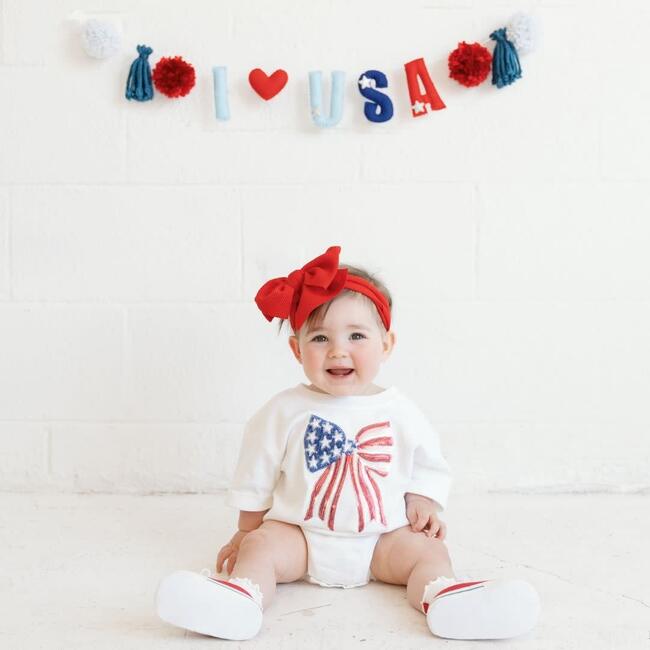 Patriotic Sequin Bow Patch Short Sleeve Romper, White - Rompers - 2