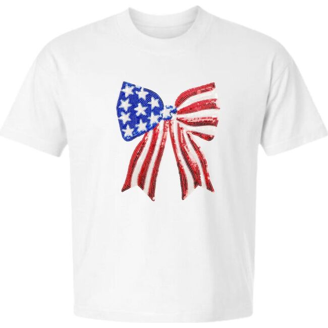 Patriotic Sequin Bow Patch Adult Short Sleeve T-Shirt, White