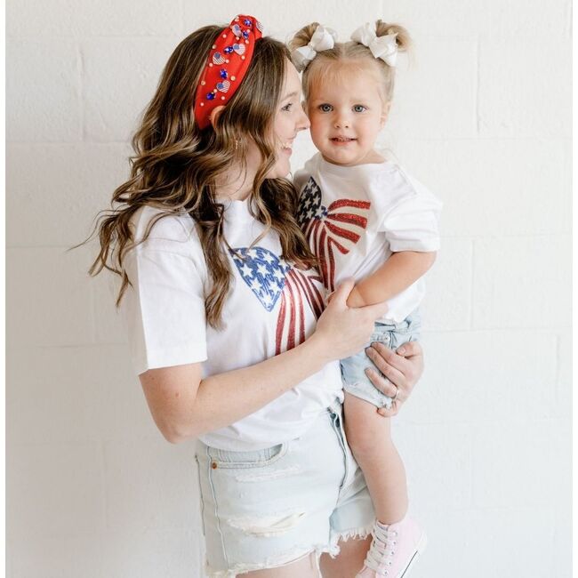Patriotic Sequin Bow Patch Adult Short Sleeve T-Shirt, White - T-Shirts - 3