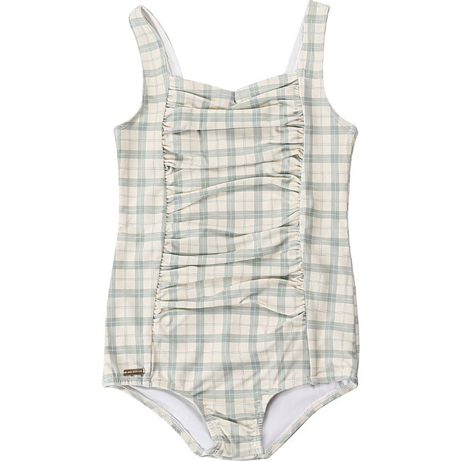 Vintage Girls 1 Piece Swimsuit | UPF + Recycled, Fern Plaid