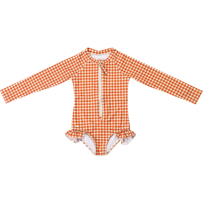 Long Sleeve Rashguard Ruffle Swimsuit | UPF + Recycled, Sienna Gingham