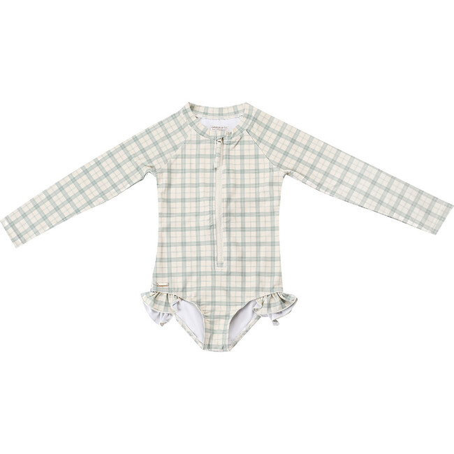 Long Sleeve Rashguard Ruffle Swimsuit | UPF + Recycled, Fern Plaid