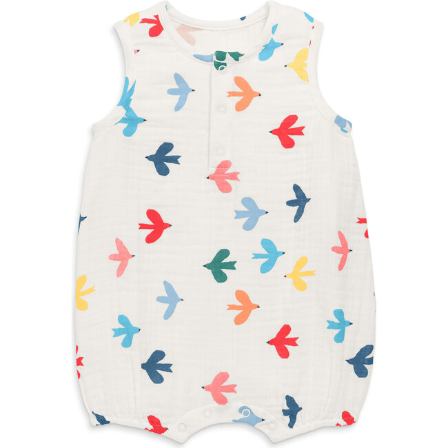 Baby Henley Tank Shortie In Rainbow Birds, Ivory Rainbow Birds