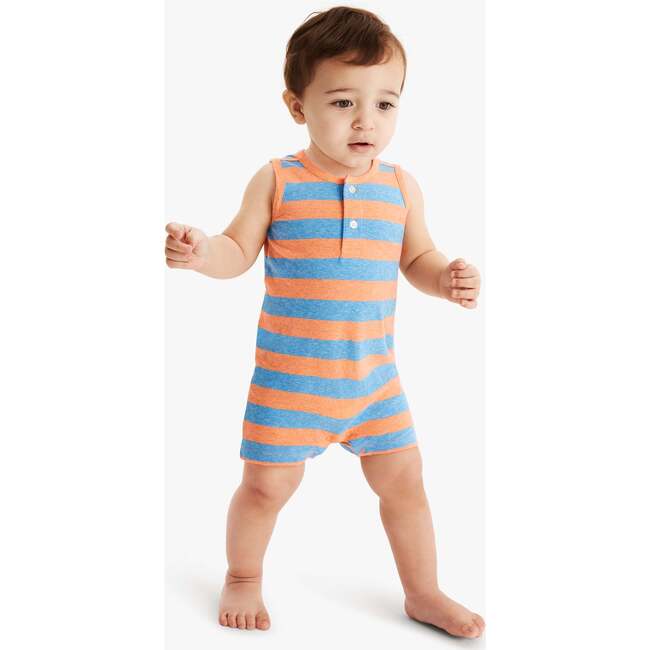 Baby Heathered Henley Shortie In Stripe, Goldfish Cornflower Stripe - Rompers - 2