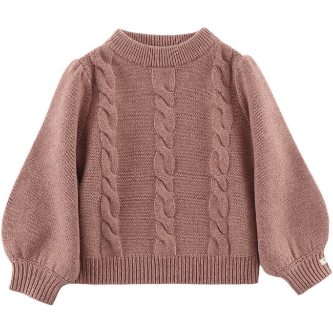 Niena Merino Wool Braided Knit Bishop Sleeve Sweater, Plum Melange