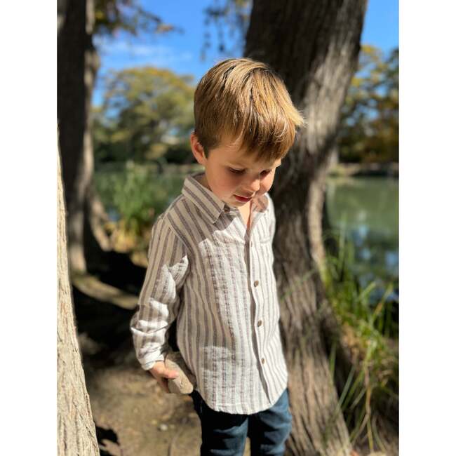 Atwood Woven Long Sleeve Shirt, Black & Cream Stripe - Shirts - 3