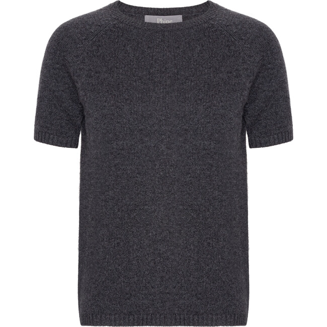 Women Cashmere Short Sleeve Knit Blouse, Charcoal Melange - Blouses - 1