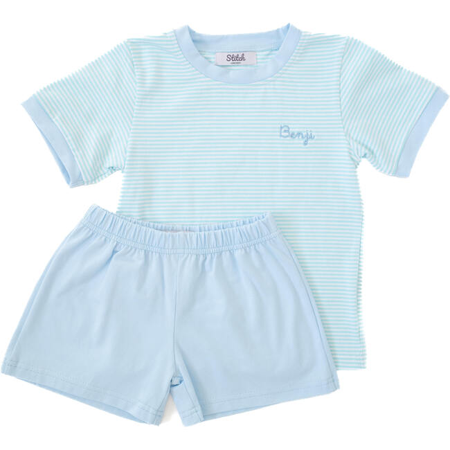 Custom Embroidered Stripe Tee and Shorts set, Aqua