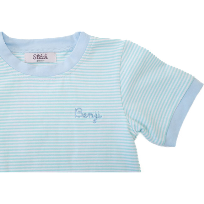 Custom Embroidered Stripe Tee and Shorts set, Aqua - Mixed Apparel Set - 2