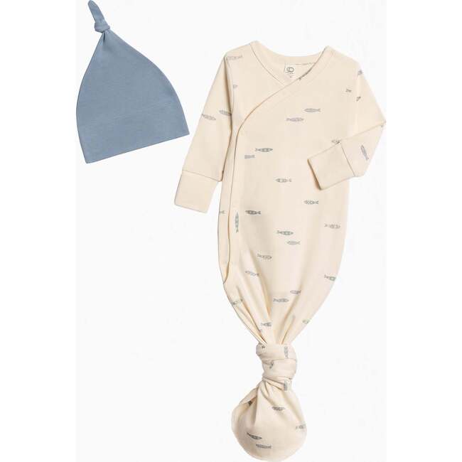 Organic Kimono Gown and Hat Set Fish / Rain