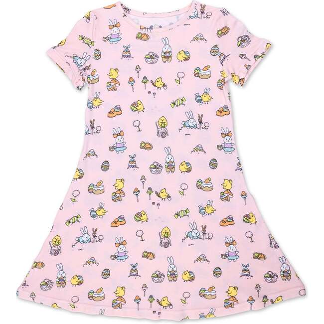 Easter Bunny Pink Bamboo Girls' Short Sleeve Dress, Pink